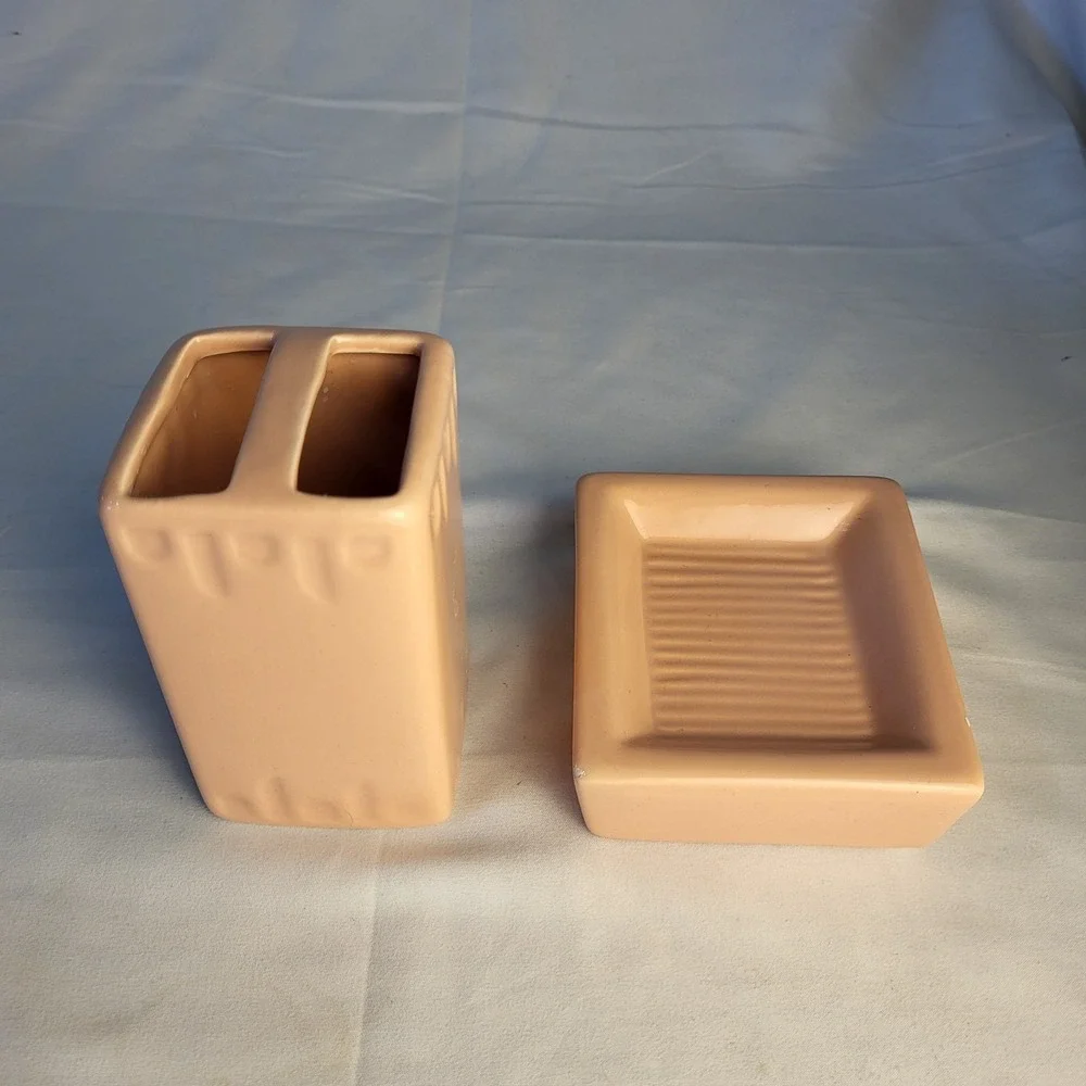 MCM Coral/Pink Ceramic Toothbrush Holder and Soap Dish
